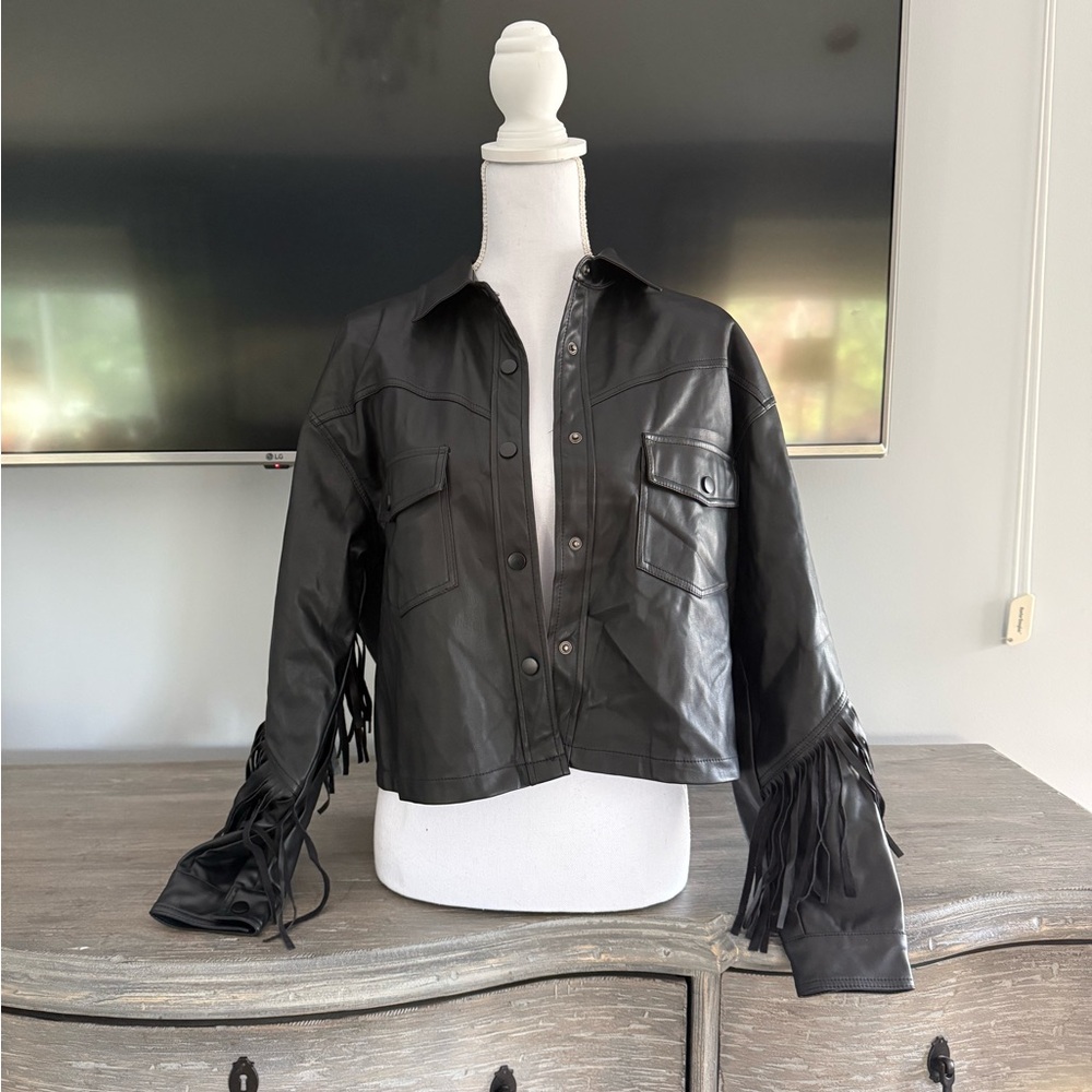 Olivaceous Black Faux Leather Jacket with Fringe. Buttery soft.